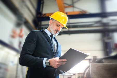 Portrait of project manager standing in modern industrial factory. Manufacturing facility with robotics, robotic arms and automation. Storing products and materials in warehouse.の写真素材