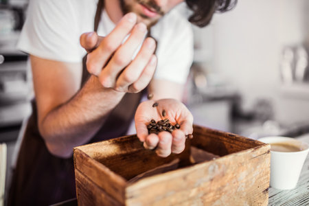 Handsome barista working in coffee shop, smelling coffee beans. University student working part-time...