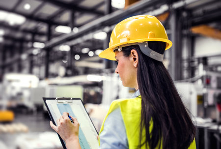 Female project manager standing in modern industrial factory. Manufacturing facility with robotics,...