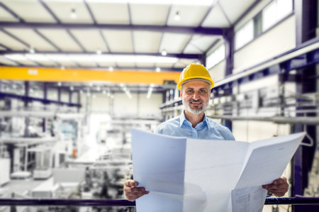 Portrait of project manager reading blueprint modern industrial factory. Manufacturing facility with...