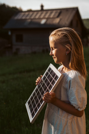 Little girl with model of solar panel, standing in the middle of meadow, house with solar panels behind. Concept of renewable resources.の写真素材