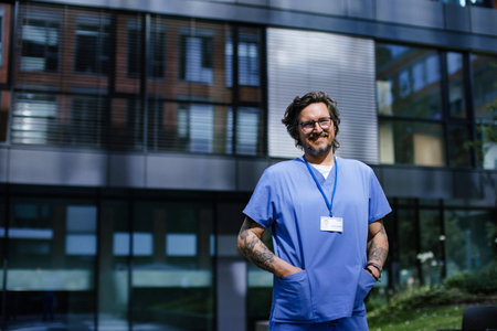 Portrait of handsome doctor in uniform outdoors. Work-life balance of healthcare worker.