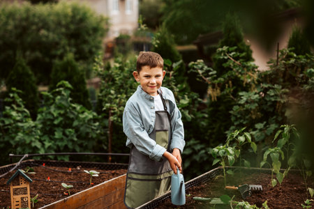 Boy taking care of small vegetable plants in raised bed, watering. Childhood outdoors in garden.