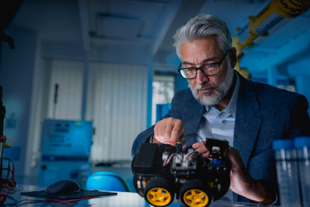 Automation, robotics engineer assembling robotic car. Concept of modern technology in industries, automated processes, automotiveの写真素材
