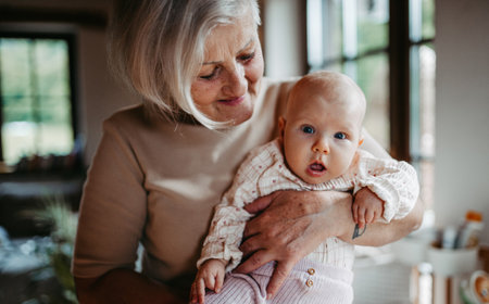 Lovely grandmother holding little baby in arms, looking at her lovingly. Strong bond between grandparent and grandchild.の写真素材