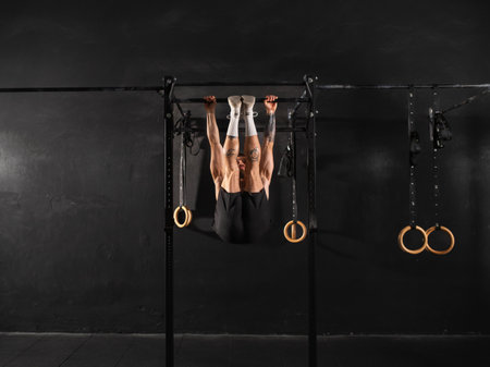 Man performing pull ups on bars, challenging bodyweight exercise. Bodyweight workout for physical and mental health.の写真素材