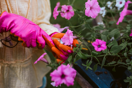 Close up of replanting flower seedlings from tray. Taking care of garden and planting spring flowers.の写真素材