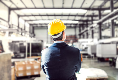 Rear view of project manager standing in modern industrial factory. Manufacturing facility with...