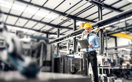 Manager standing in modern industrial factory, making phone call. Manufacturing facility with robotics, robotic arms and automation. Storing products and materials in warehouse.の写真素材
