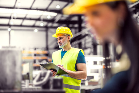Warehouse employees in warehouse. Two workers in reflective clothing in modern industrial factory,...