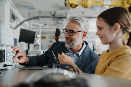 Father and girl during take your daughter to work day, encouraging girl in career in robotics....