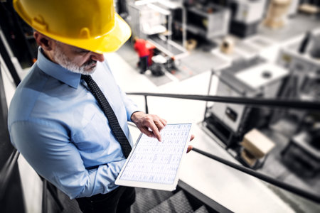 Portrait of project manager standing in modern industrial factory, holding tablet. Manufacturing...