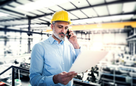 Portrait of project manager standing in modern industrial factory, phone calling. Manufacturing...