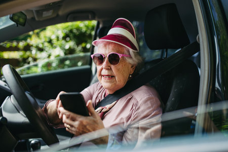 Happy senior woman driving car alone, holding smartphone and scrolling. Safe driving for elderly...