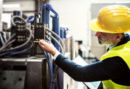 Portrait of engineer controlling machine in modern industrial factory. Manufacturing facility with...