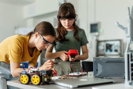 Two girl classmates working togeter on circuit board, building robotic car in after-school robotics...