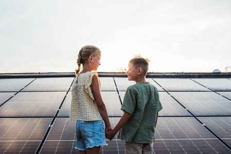 Two young siblings on roof with solar panels, looking at each other. Rooftop solar or photovoltaic...