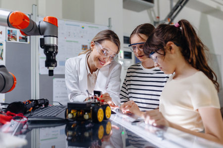 Female teacher helping to girls working on small robot, building robotic car in after-school robotics club. Children learning robotics in Elementary school. Girls in science.の写真素材