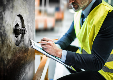 Portrait of engineer controlling machine in modern industrial factory. Manufacturing facility with robotics, robotic arms and automation. Storing products and materials in warehouse.の写真素材