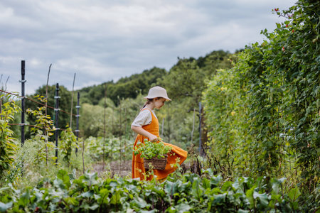 Portrait of a cute girl walking across autumn garden. The young girl in a dress and hat holding basket full of harvested vegetable and herbs.の写真素材