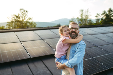 Father with girl on roof with solar panels, hugging, looking at camera. Rooftop solar or photovoltaic system. Sustainable future for next generation.の写真素材