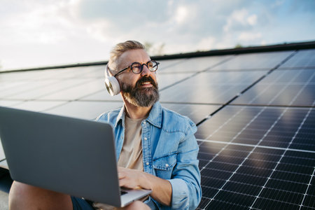 Man sitting on roof full of solar panels, headphones on head, typing on laptop.の写真素材