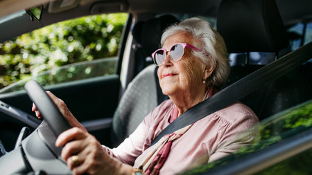 Happy senior woman driving car alone, enjoying car ride. Safe driving for elderly adults, older...