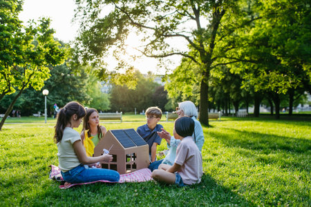 Children learning about renewable energy and solar panels during sustainable education class...