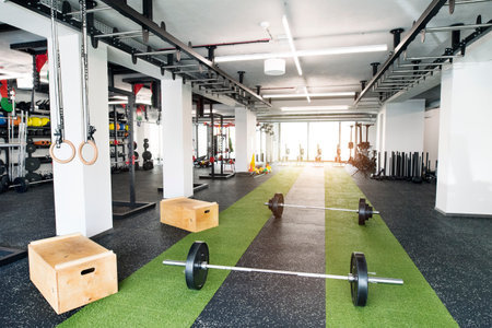 Rows of metal barbells on floor and rack for strength training in gym.