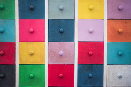 Colorful school lockers or cabinets in elementary classroom, no students. Back to school concept.の写真素材
