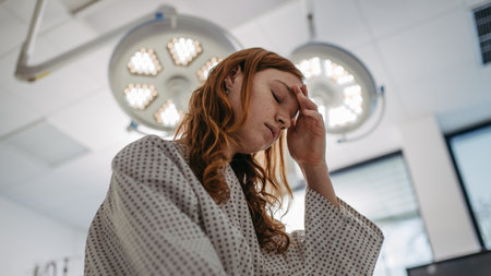 Scared teenage patient, waitng for test results. Anxiety, worry and loneliness of teenager in...