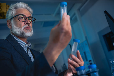 Scientist in the laboratory holding test tube and intently looking at its contentsの写真素材