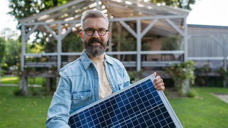 Man looking at solar panel in arms, standing in garden. Sustainable lifestyle and green household....