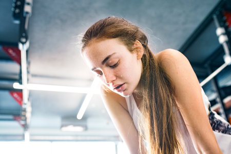 Young fitness girl with sweat on face feeling exhausted after hard workout in gym, holding knees, breathing.の写真素材