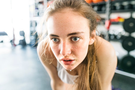 Young fitness girl with dental braces feeling exhausted after hard workout in gym, wiping her face with towel.の写真素材