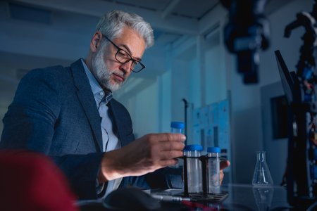 Scientist in the laboratory holding test tubes and intently looking at its contents