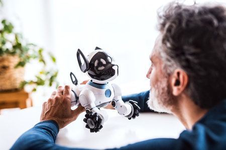 The man is looking at adorable robotic dog.の写真素材