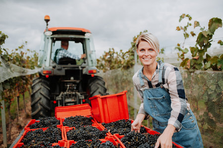 Female vineyard worker with harvest bins full of grapes. Manual grape harvesting in family-run vineyard.の写真素材