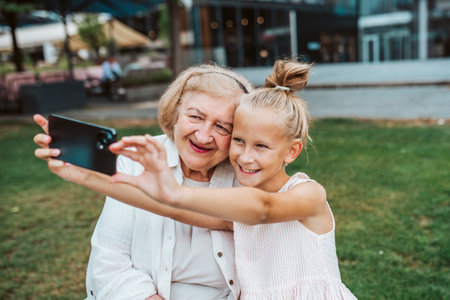 Grandma taking selfie with granddaugter sitting on bench. Girl spending time with senior...