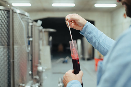 Winemaker standing in the wine cellar, controlling, testing wine sample.