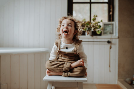 Portrait of an adorable little girl sitting on wooden stool, sticking out tongue.