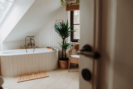 Modern attic bathroom with a bathtub and water toys.