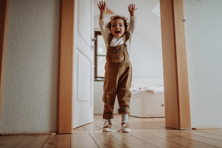 Portrait of an adorable little girl jumping in door frame.