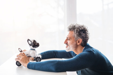 The man is looking at adorable robotic dog.の写真素材