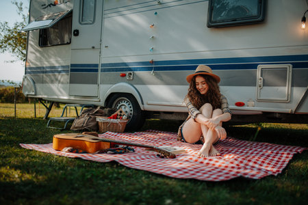 Young beautiful woman is on a camping trip in nature, sitting in front caravan and reading book.