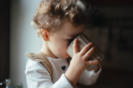 Adorable little girl is pouring tea from the teapot into a cup. The sick girl with cold is sitting...