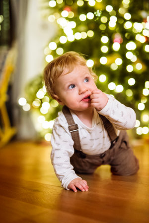 Little baby boy in Christmas home. Cute boy is surprised and amazed by the Christmas decorations.の写真素材