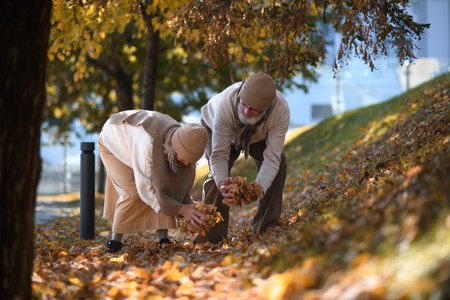 Portrait of beautiful senior couple during walk in autumn park, playing in the fallen leaves. Elderly husband and wife throwing leaves in the air.の写真素材