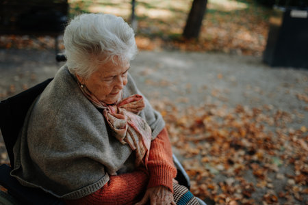 Portrait of old woman in wheelchair visiting cemetery during cold autumn day, mourning.