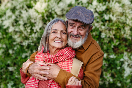 Portrait of beautiful senior couple outdoors in an autumn garden. Elderly husband and wife are embracing each other.の写真素材